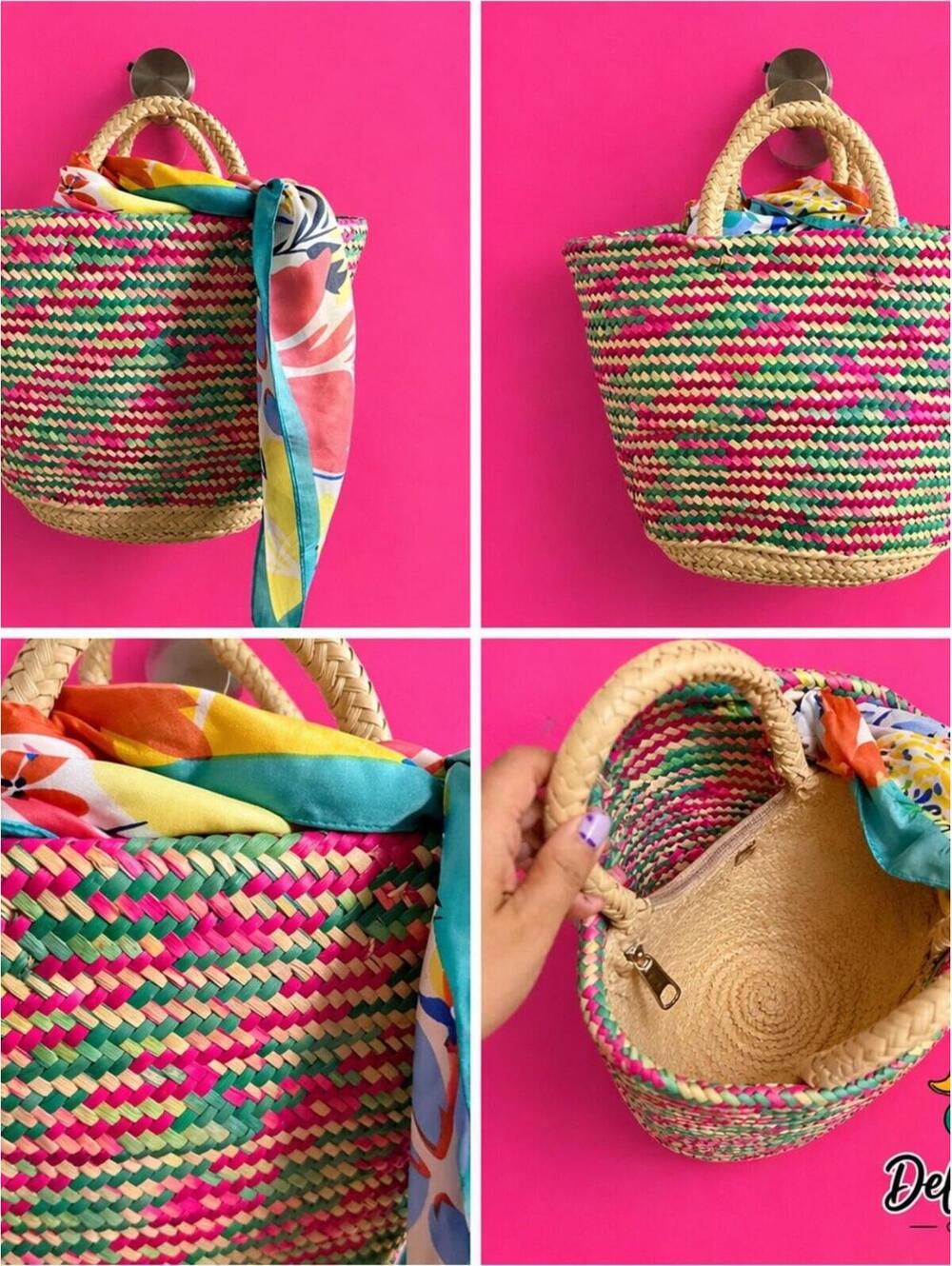 Multicolor Woven Straw Tote Bag with Scarf